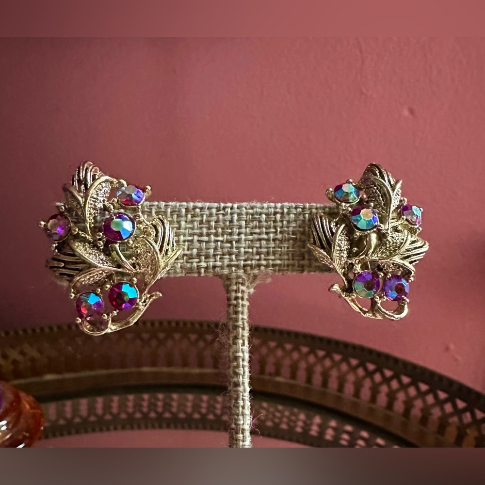 1960's Ruby Red Rose Golden Garden Aurora Borealis Crystal Earrings